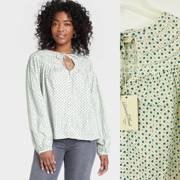 Universal Thread Women Top Large L Long Sleeve Tie Front Blouse White Floral New - Picture 1 of 8